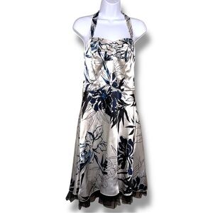 Vintage Y2K Size 7 Retro Halter Dress Satin White Floral Pinup Petticoat